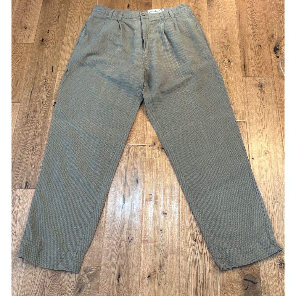 Vintage Eddie Bauer Men's 36x32 Linen Cotton Pleated Pants Brown Gray Check Y2K